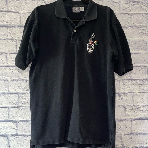 Vintage Warner Bros Mens Short Sleeve Embroidered Bugs Bunny Black Polo Shirt - Picture 1 of 7